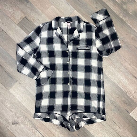 Victoria’s Secret Plaid Flannel Shorts Sleep Romper Black White Small - Picture 13 of 13